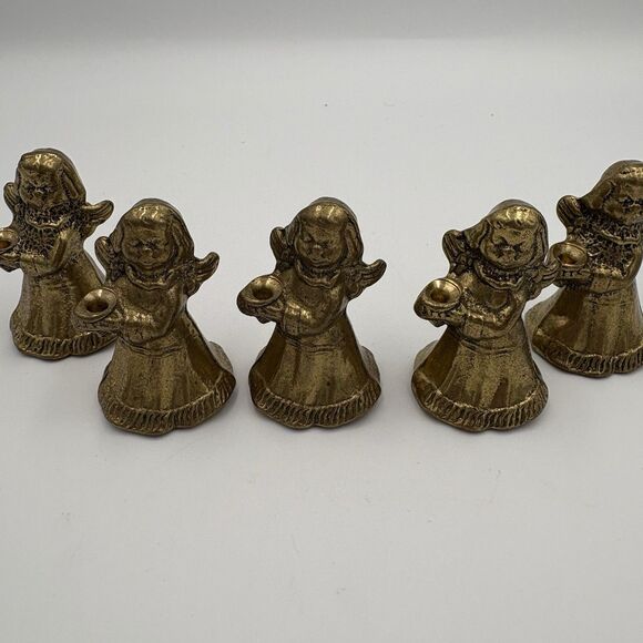 Vintage Christmas Angel Candle Holders, Brass cast 2.5 inch high- Set If 5 - Picture 4 of 7